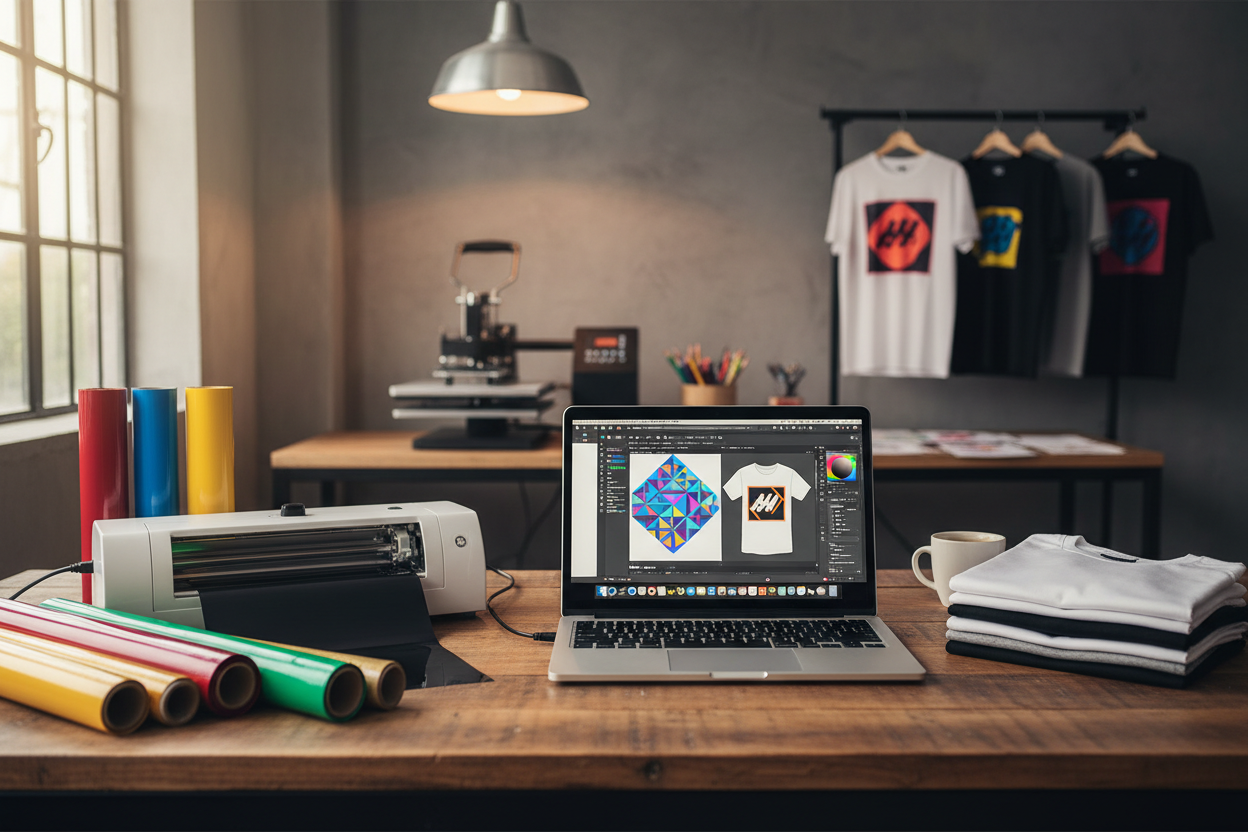 make a banner image for vinyl design services, maybe a laptop with design programs running in a home tshirt print shop 