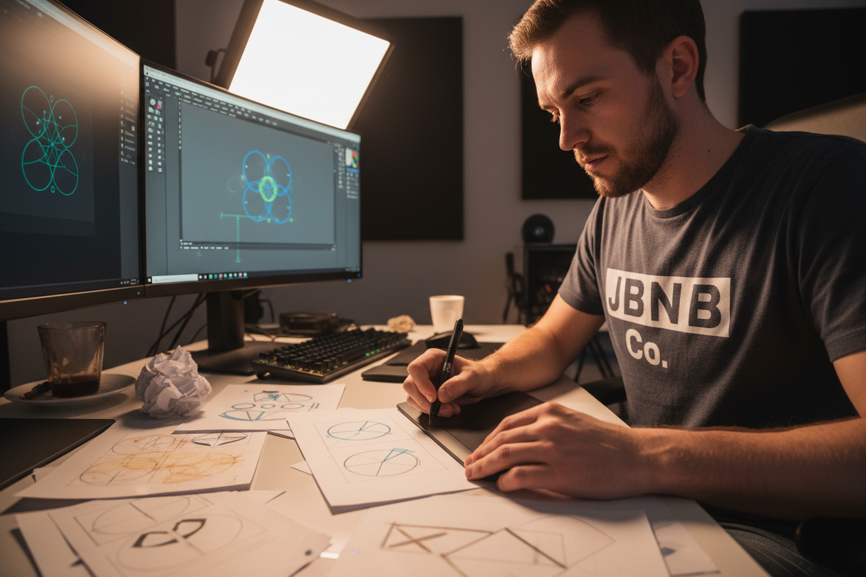 make a lower shot of a white male in a JBNB Co tshirt drawing a sketch on some paper on a desk with a computer with inkscape program open as he is sitting there drawing up concept logos for a client in his home production room. make it  a close up shot of the desk work area 